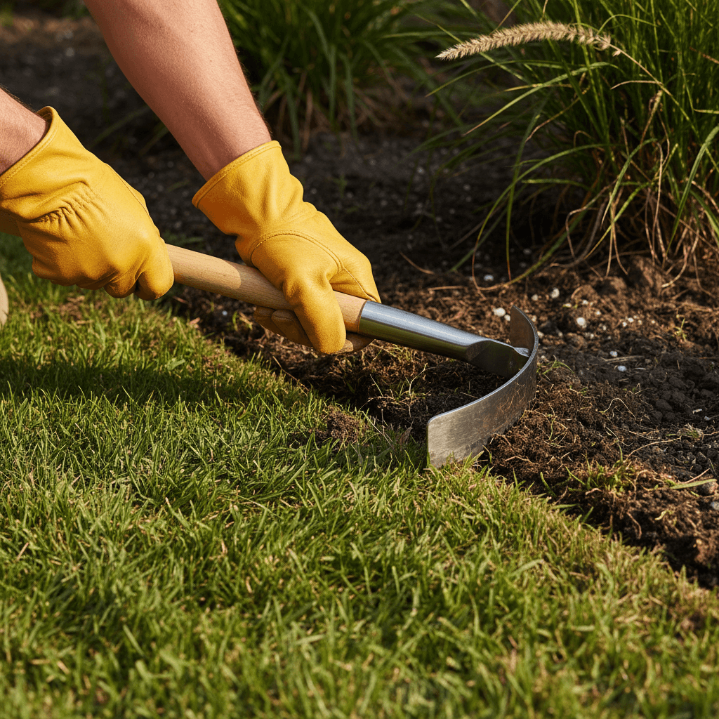Professional lawn edging technique in progress