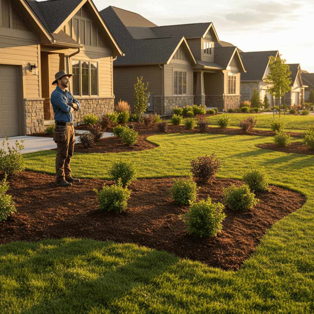 Completed residential front yard with mulch and landscaping