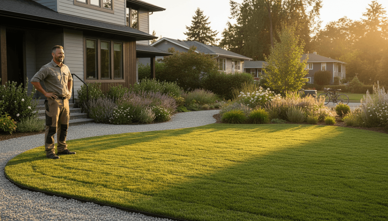 Freshly maintained residential yard with professional landscaper overseeing the grounds