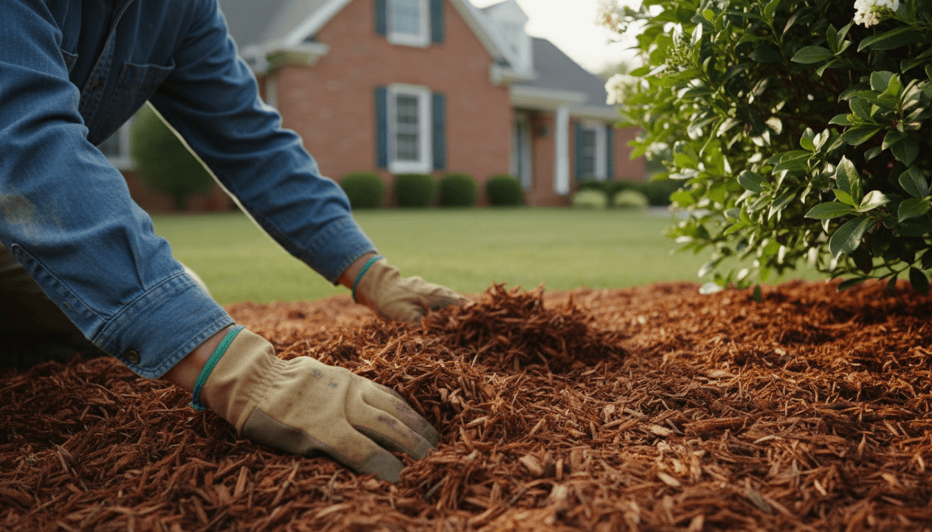 Landscaper carefully arranging mulch in a residential garden bed
