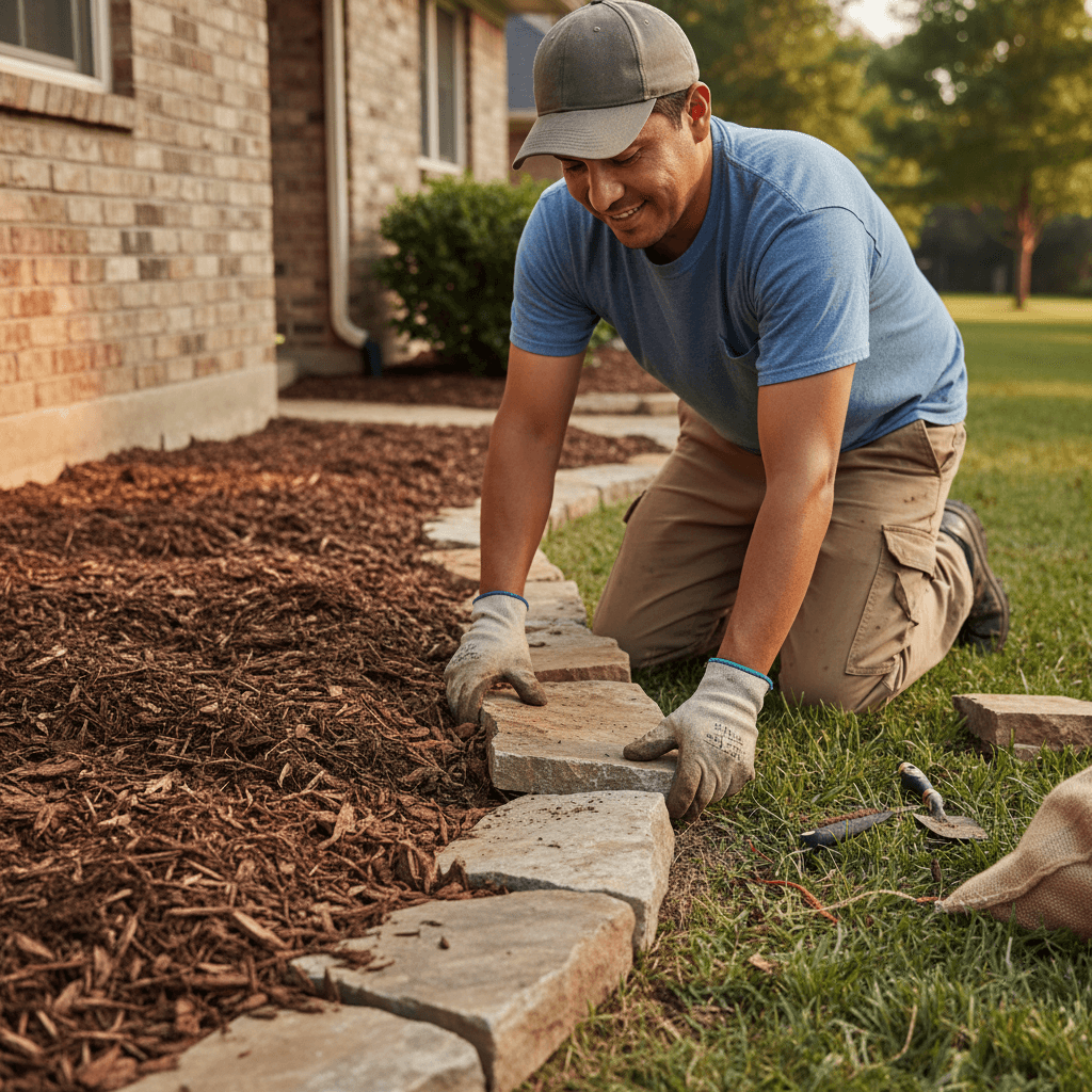 Landscaper installing garden bed edging