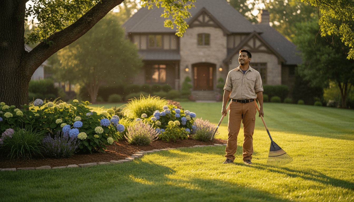 Professional landscaper surveying a well-maintained residential yard in Carbon County, Utah