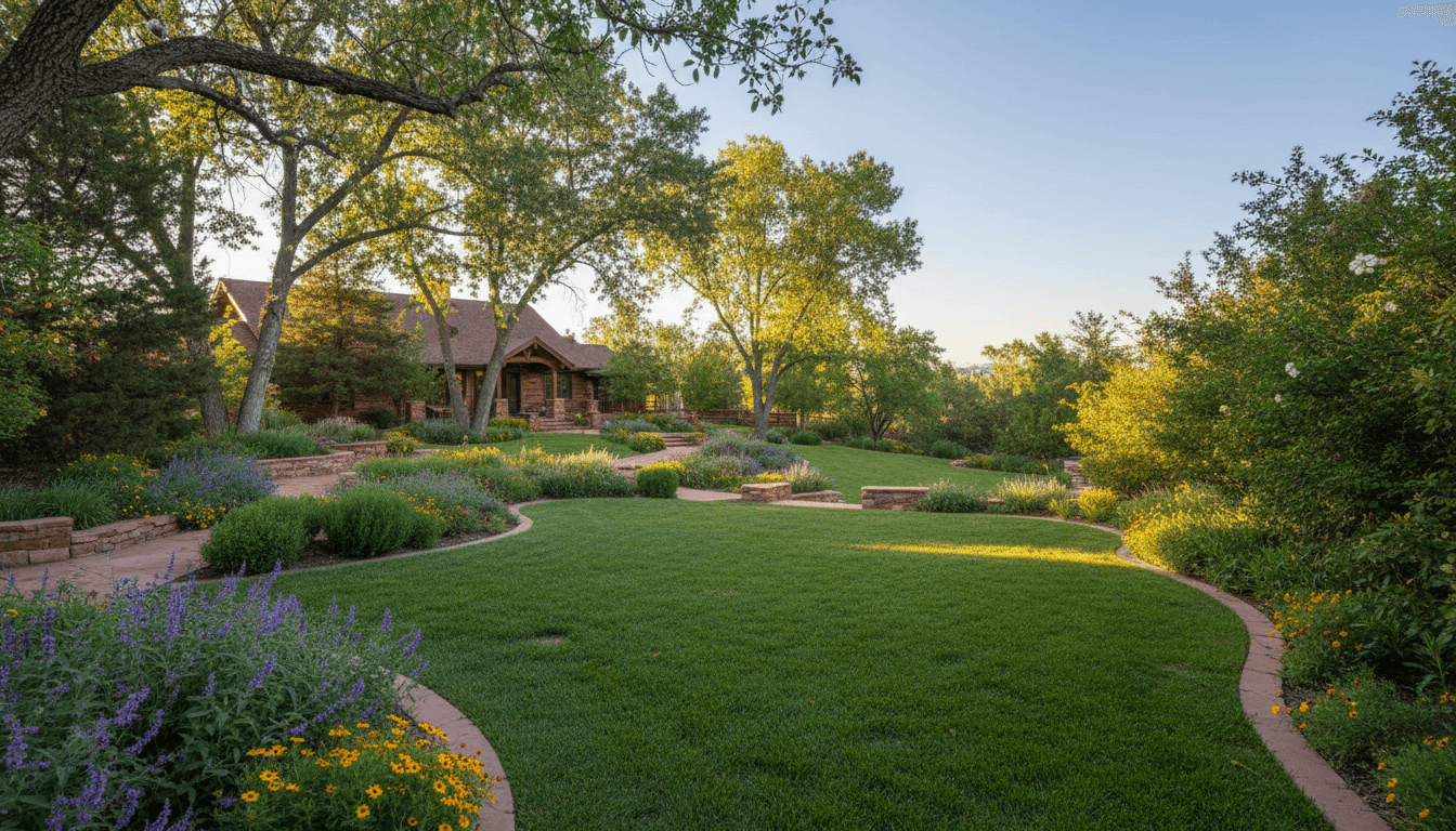 Well-maintained residential landscape with healthy lawn, trimmed shrubs, and flowering plants
