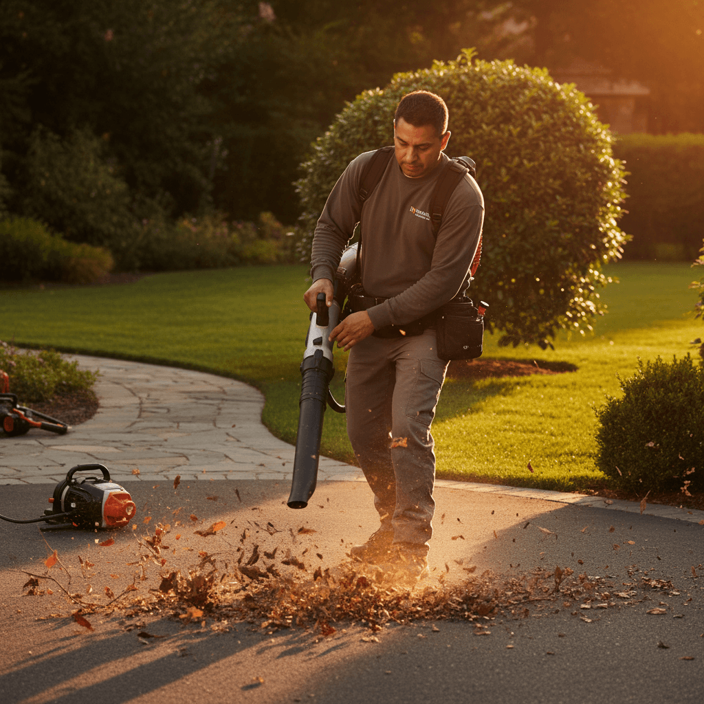 Team member performing driveway cleanup